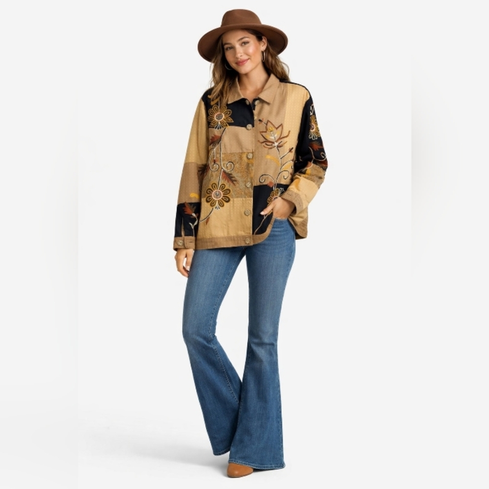 Indigo Moon Floral Embroidered Patchwork Fully Lined Boho Autumn Fall L Jacket
